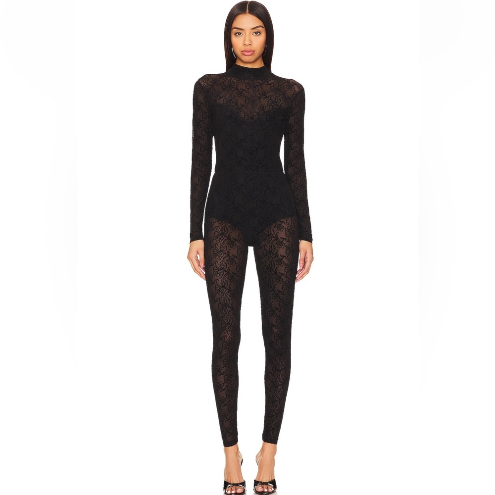 REVOLVE x All Saints Flocked Catsuit - Black Sheer lace Jumpsuit